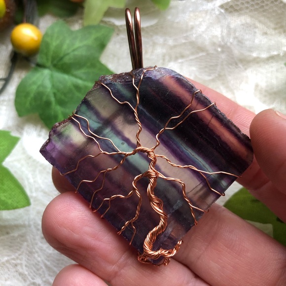 Statement Piece! Copper and Semiprecious Fluorite Slab Pendant with Tree of Life - Picture 3 of 4
